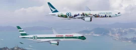 Cathay Pacific Boeing 777 and Airbus A350 aircraft in flight