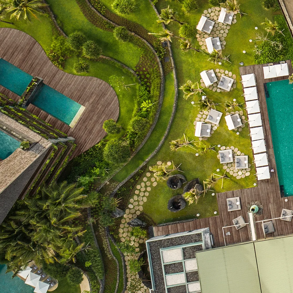 Aerial view of the pools and gardens at COMO Canggu, Bali